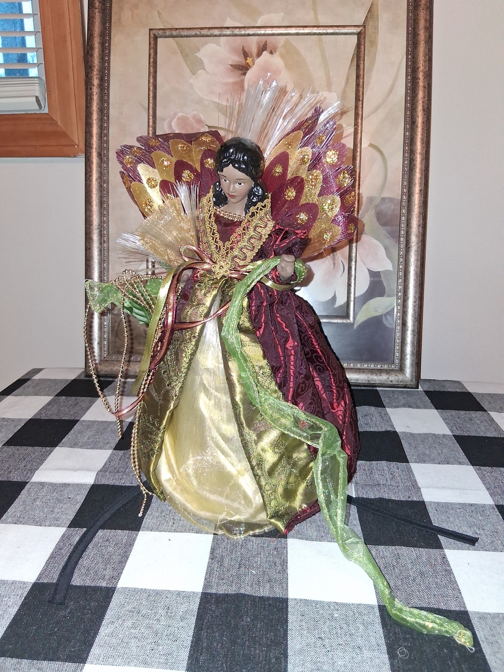 Holiday Tabletop Angel Tree Topper - Gold, Burgundy & Green